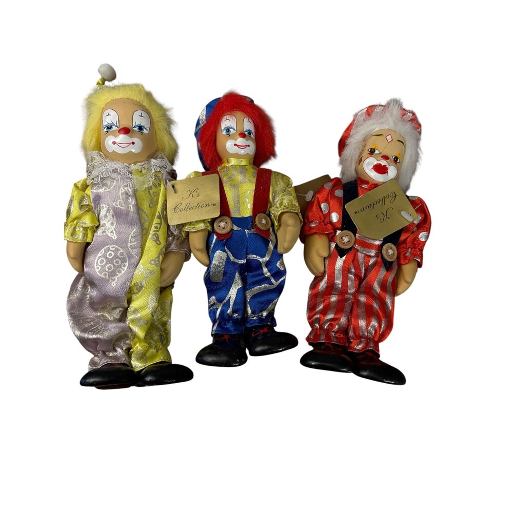 Lot of 3 Vintage K’s Collection Clown Dolls – Colorful Outfits – Circus Collecti
